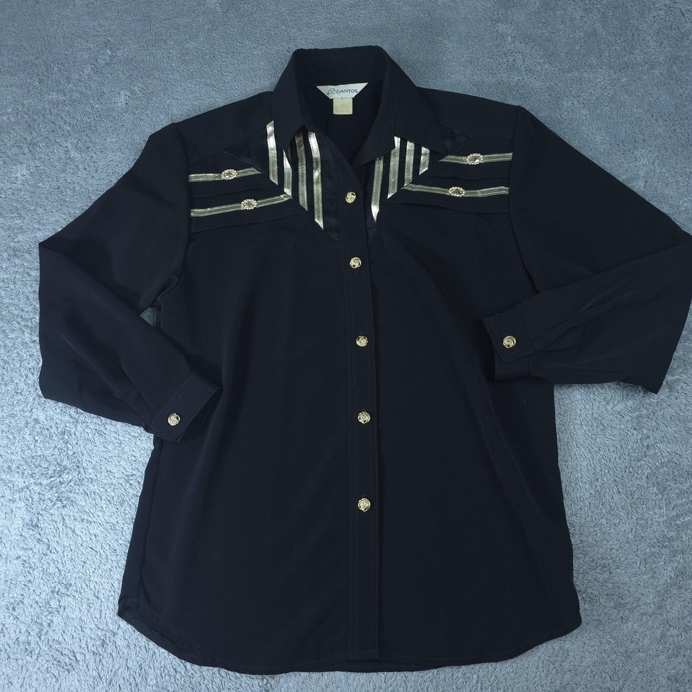 Vintage Gantos Shirt Womens Small Black Western Rhinestone Button Up Long Sleeve